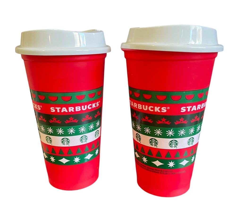 Two 2020 Starbucks 16 oz Holiday Reusable Plastic Cups w/lids Christmas Design